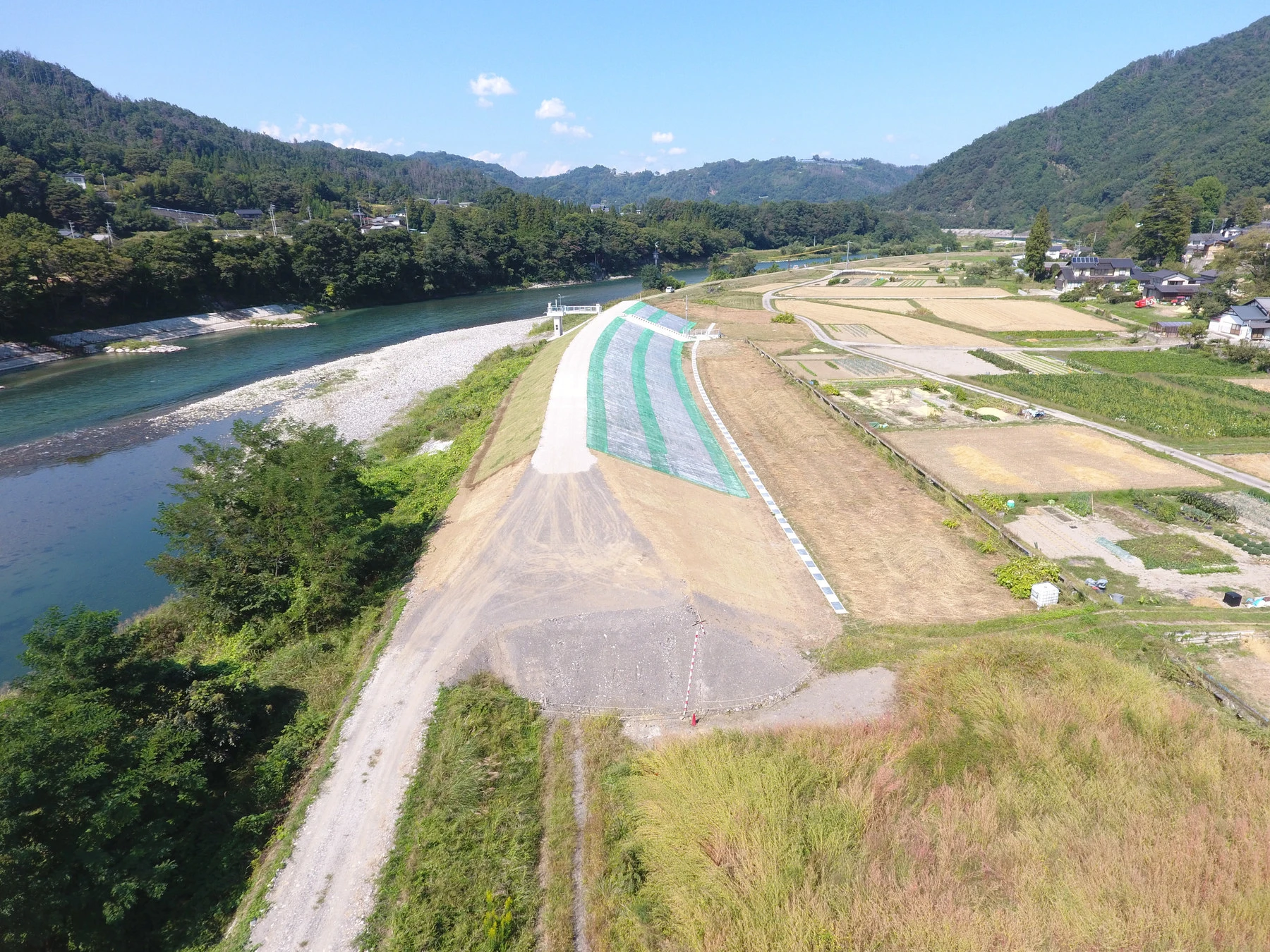 上空から見た、蛇行する川と、その内側に伸びる堤防・法面の緑化