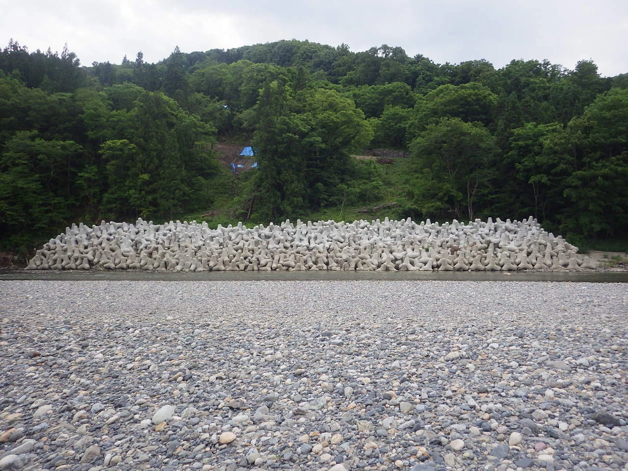 完成後、川原から見た、岸に沿って積み上げた根固めブロックの列