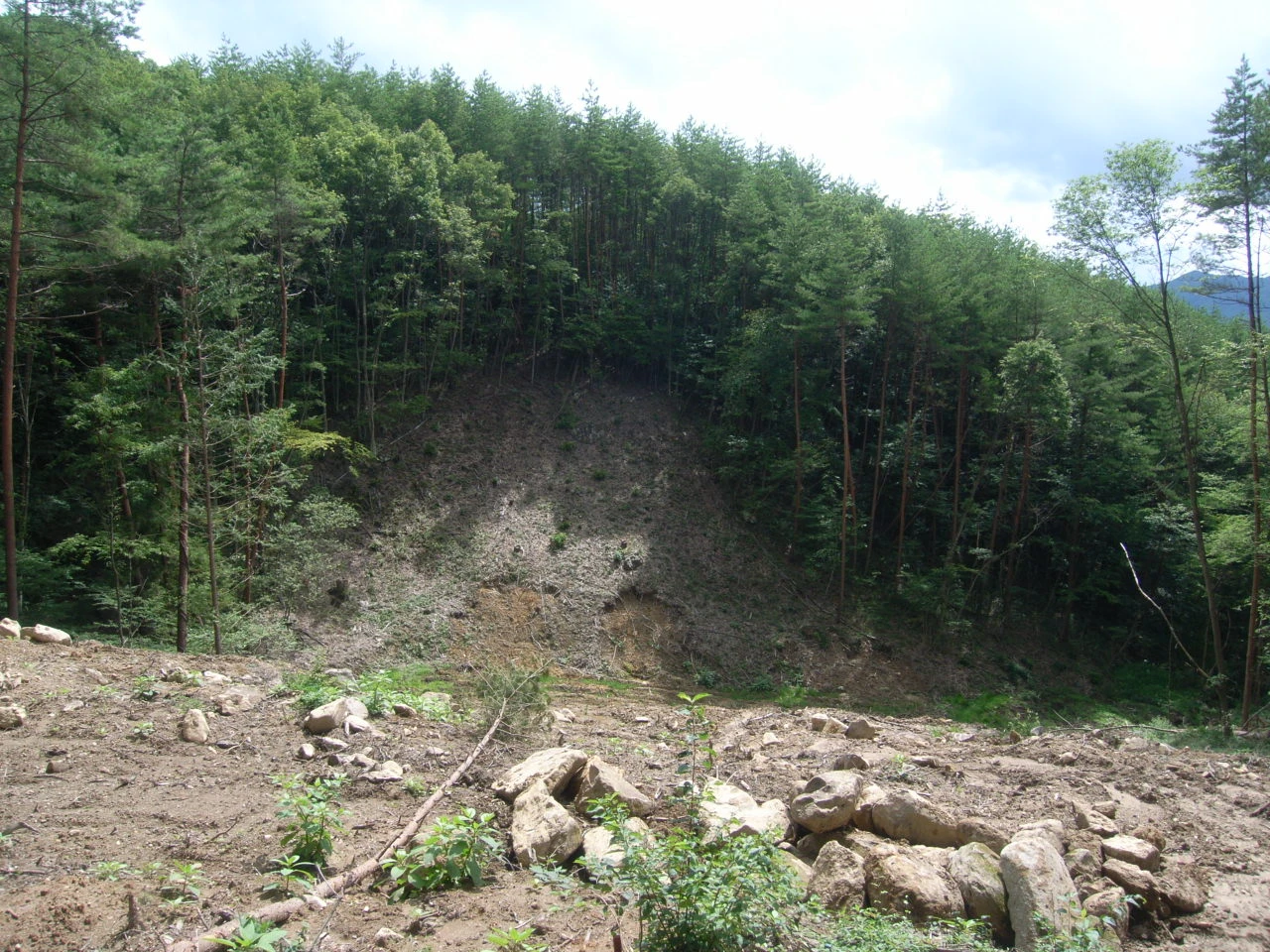 斜面が崩れて土と石がむき出しになった山腹。手前に大きな転石が散る