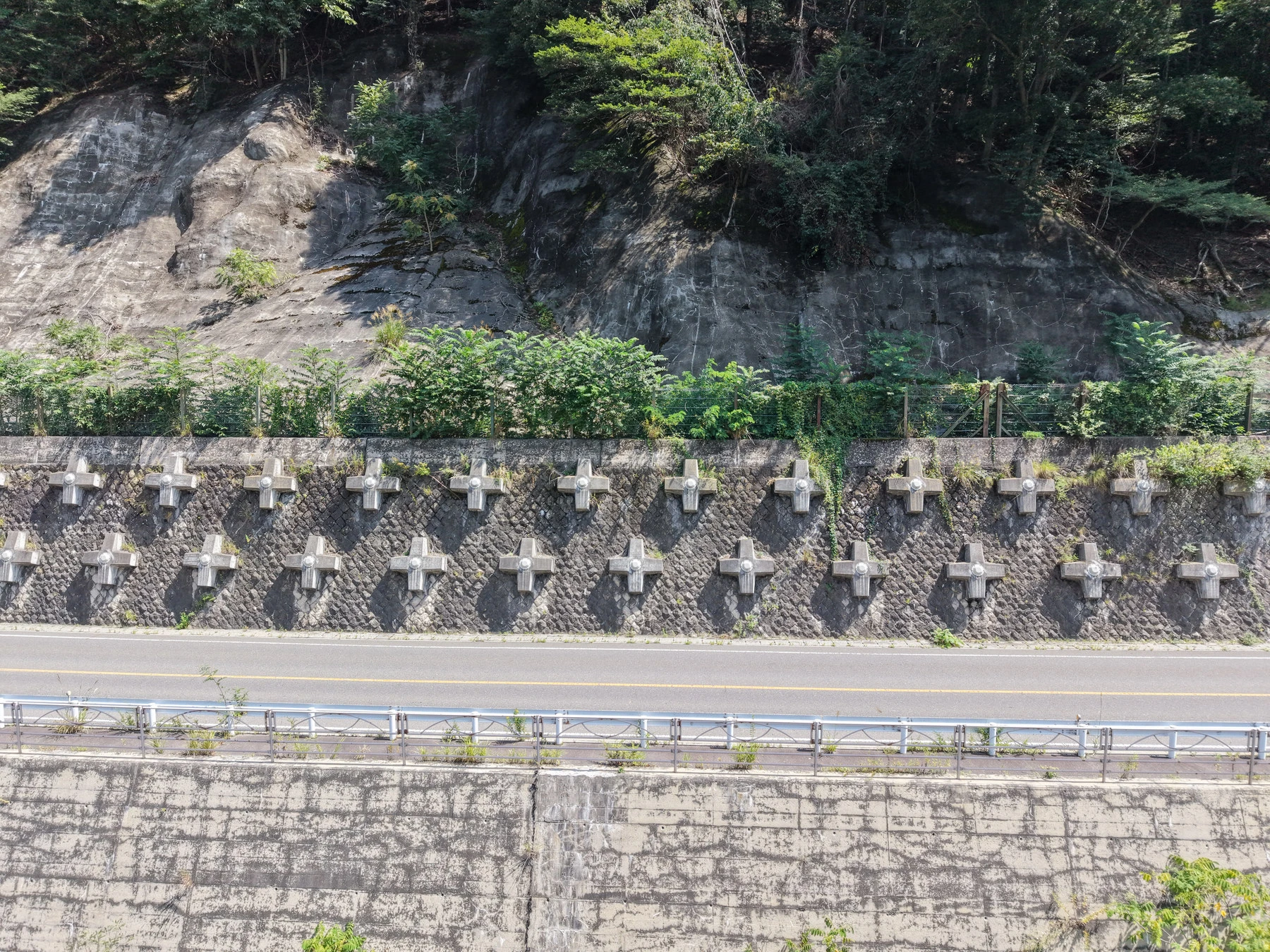 真上から見た、道路沿いの擁壁に等間隔で並ぶ十字形の受圧板と、その上の岩壁