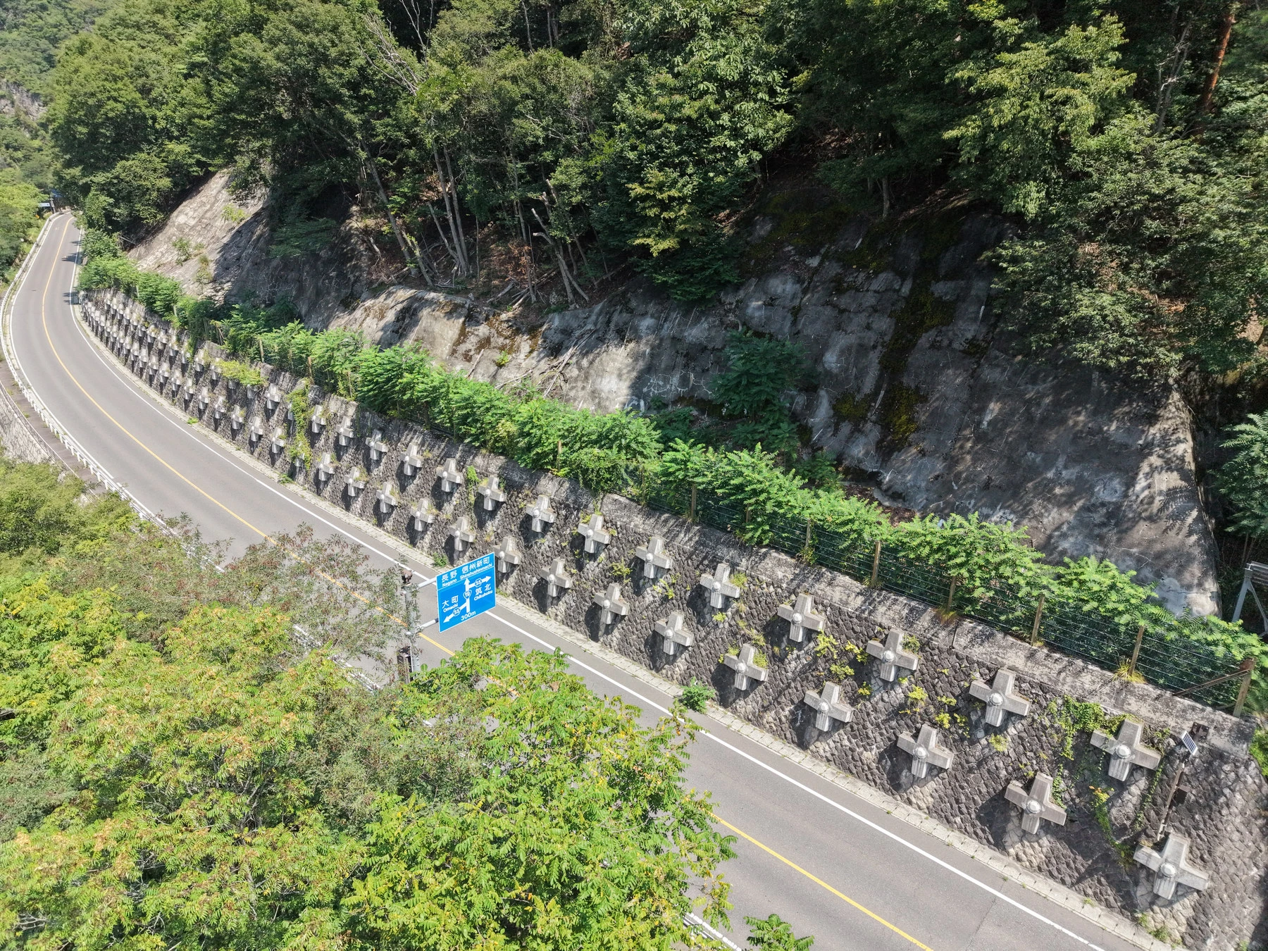 上空から見た、山裾のカーブに沿って続く受圧板付きの擁壁と道路
