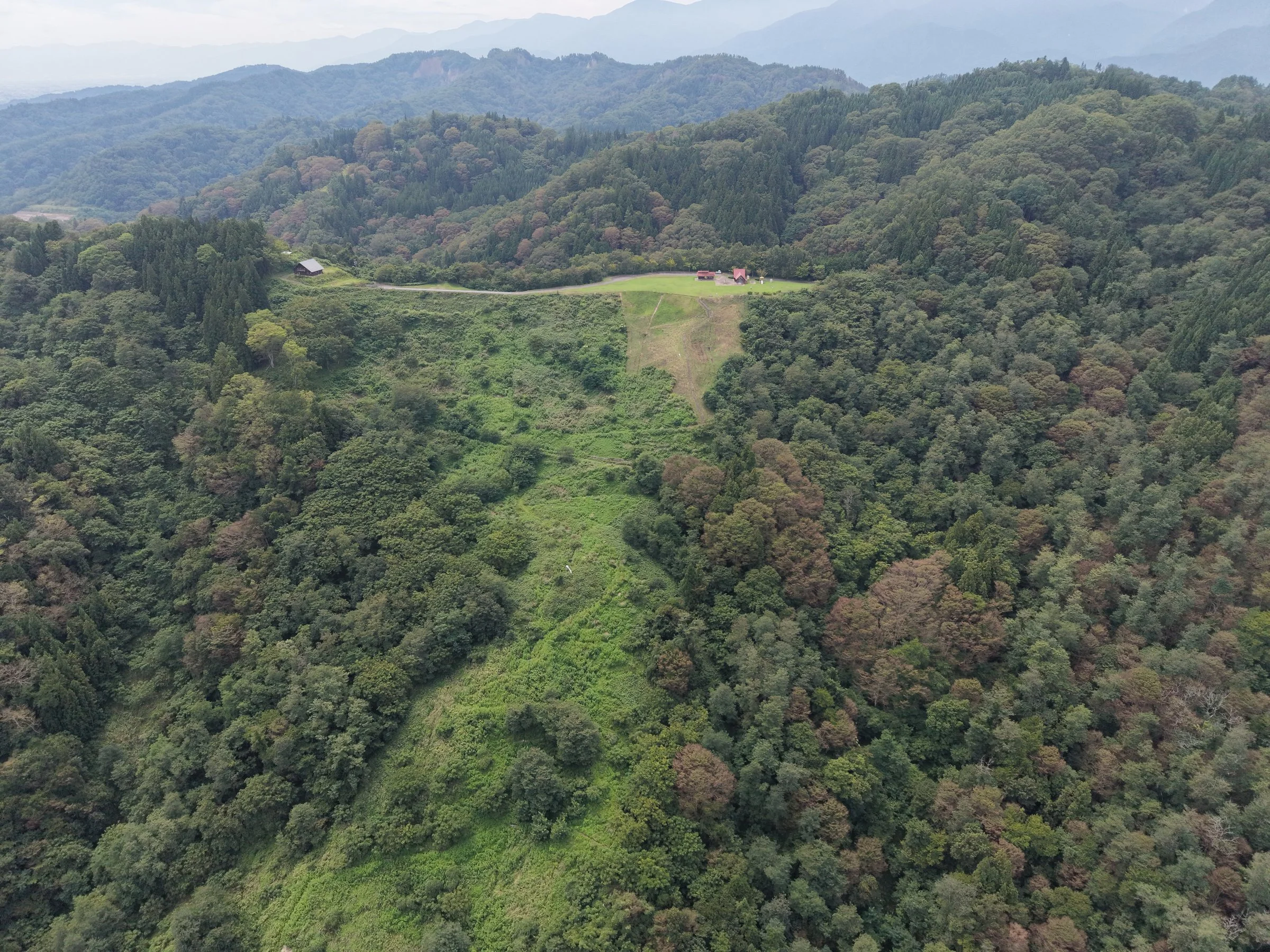 山あいの斜面に造られた広い緑地（上空から）