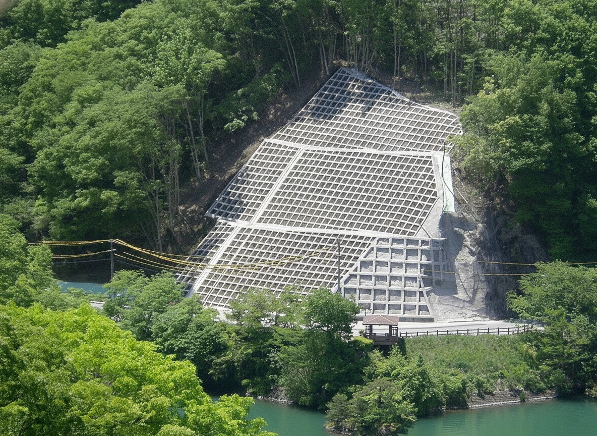 対岸から見た、新緑の山腹を覆う法枠の斜面と、その下の擁壁