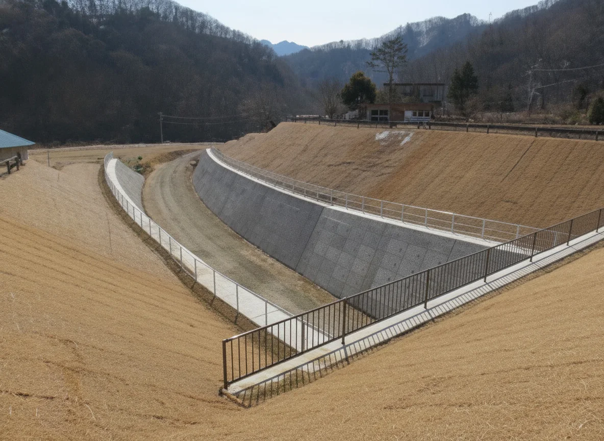 擁壁と法面のあいだを曲がりながら上っていく、完成後の取付道路